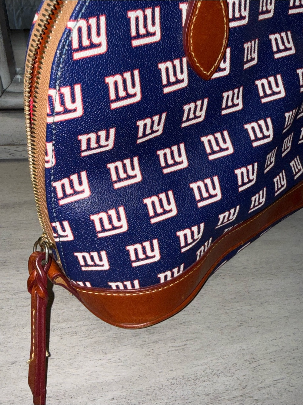 Dooney & Bourke Navy NY Giants Logo Satchel with Brown Trim and Red Interior - Picture 6 of 14